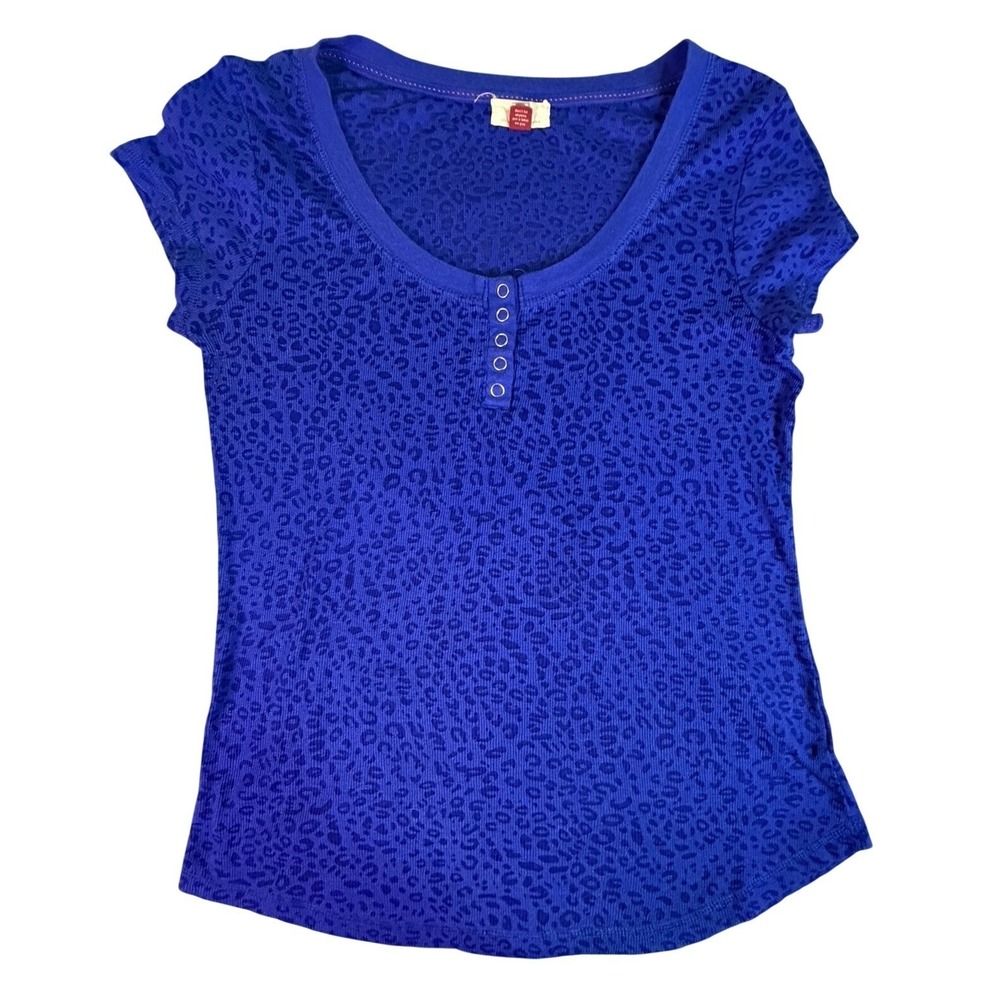 Y2K LEI Womens Blue Leopard Laser Cut Shirt6 Short Sleeve Size XXL Burnout Sheer